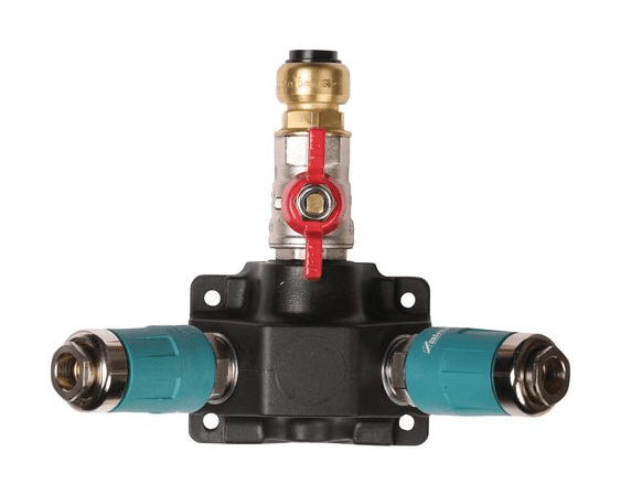 End distribution box with two safety couplings and stopcock