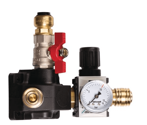 End distribution box with two one-hand clutches, stopcock and pressure regulator