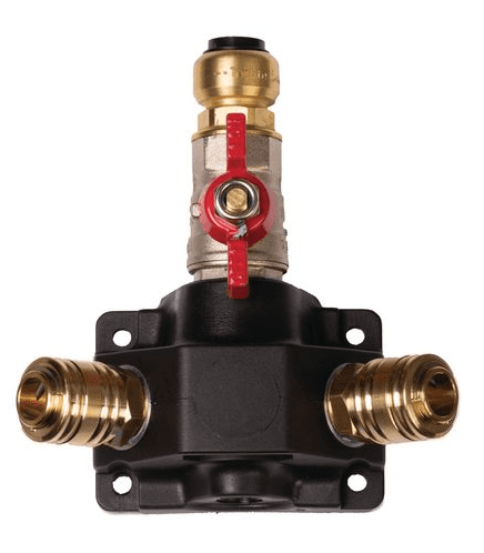 End distribution box with two one-hand couplings and stopcock